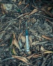 Needles in alley, dirty syringes left in a public place in the city. A used syringe was lying on the ground. The addict threw the Royalty Free Stock Photo