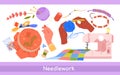 Needlework banner design template, hands embroidering flower, knitting and sewing