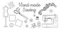 Needlework concept. Various sewing tools. Needles, scissors, yarn, sewing machine, buttons, spools, threads etc. Hand