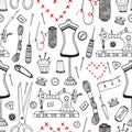 Needlework and sewing equipment seamless pattern. Vector hand drawn craft supplies print Royalty Free Stock Photo