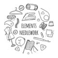 Needlework sewing knitting a large set of black and white elements in the form of a circle Hand made Vector illustration Royalty Free Stock Photo