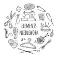 Needlework sewing knitting a large set of black and white elements in the form of a circle Hand made Vector illustration Royalty Free Stock Photo