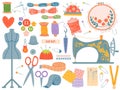 Needlework tools. Various sewing tool and supplies, sewing machine. Buttons, spools and threads, needles, scissors. Dressmaking