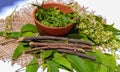 neem leaves paste and flowers on white background, Neem leaves with neem flowers and neem sticks,selective focus Royalty Free Stock Photo