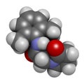 Nefiracetam nootropic drug molecule. 3D rendering. Atoms are represented as spheres with conventional color coding: hydrogen