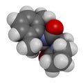 Nefiracetam nootropic drug molecule. 3D rendering. Atoms are represented as spheres with conventional color coding: hydrogen