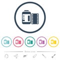 Negative camera film canister flat color icons in round outlines