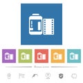 Negative camera film canister flat white icons in square backgrounds