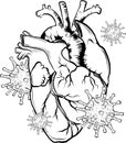 draw in black and white of virus infect a human heart vector illustration