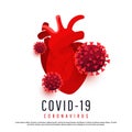 The effect of coronavirus on the human heart. 3d covid 19 cells infect a human heart isolated on a white background. Vector