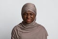 Negative Emotion. Irritated Black Muslim Lady In Hijab With Displeased Face Expression