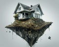 Negative Equity Home Sinking into Ground A dramatic portrayal of a home sinking into the ground, representing homeowners with