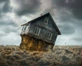 Negative Equity Home Sinking into Ground A dramatic portrayal of a home sinking into the ground, representing homeowners with