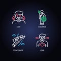 Negative feelings and bad traits neon light icons set