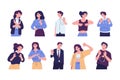 Negative gestures flat vector illustrations set. Finger language, non verbal communication. People disagree and rejection signs Royalty Free Stock Photo