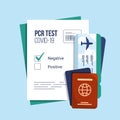 Vector illustration of negative result on PCR test for Covid-19, passports with airline boarding pass tickets. Royalty Free Stock Photo