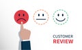 Negative review or feedback concept, hand of client chose sad face icon, customer service evaluation