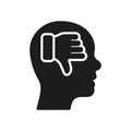 Negative Thinking Silhouette Icon. Thumb Down in Human Head Pessimism and Frustration Symbol. Mental Disorder, Bad Mood