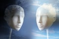 Negative versus positive thinking and emotion, psychology concept shown with two neutral colored mannequin heads and corresponding