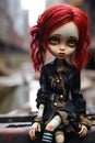 Neglected and lonely lifelike doll with bright red dyed hair in abandoned city backstreets - generative AI