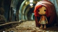 Neglected toy doll with red hair living alone in a dismal abandoned industrial factory - generative AI