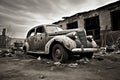 A neglected vintage car from a bygone era sits forlorn in an abandoned industrial district, echoing the passage of time Royalty Free Stock Photo