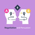 Negotiation and persuasion, communication concept, two sides, common ground