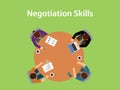 Negotiation skills illustration with four people discuss in one table with paperworks, coffee and laptop on top of table