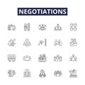 Negotiations line vector icons and signs. dialogue, discussion, haggling, interaction, mediation, parleys, settlements Royalty Free Stock Photo