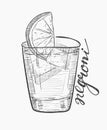 Negroni alcoholic cocktail. Hand drawn vector illustration in sketch style. Fashionable drink with orange and ice cubes