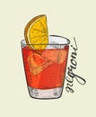 Negroni alcoholic cocktail. Hand drawn vector illustration in sketch style. Fashionable drink with orange and ice cubes Royalty Free Stock Photo