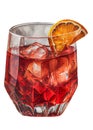 Negroni alcoholic cocktail with ice cubes, lemon, orange in watercolor technique. Cooling summer drink with ice in a