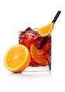 Negroni Cocktail in crystal glass with ice cubes and orange slices with straw and half of fresh orange on white background with Royalty Free Stock Photo