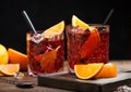 Negroni cocktail in crystal glasses with orange slice and fresh raw oranges on chopping board with strainer on wooden background