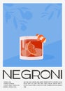 Negroni Cocktail in old fashioned glass with ice. Summer Italian aperitif retro poster. Elegant print, wall art with