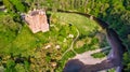 Neidpath Castle on a river bank - drone shot