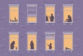 Neighbor characters. Windows with people stay at home, silhouettes of man and woman through the window, apartment Royalty Free Stock Photo