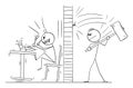 Neighbor Person Nailing Hook Nail by Big Hammer , Vector Cartoon Stick Figure Illustration