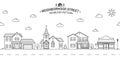 Neighborhood with home, store and church illustrated on white Vector thin line icon suburban american houses. For web