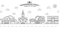 Neighborhood with home, store and church illustrated on white Vector thin line icon suburban american houses. For web