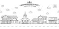Neighborhood with home, store and church illustrated on white Vector thin line icon suburban american houses. For web