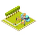 Neighborhood party in the park with burgers isometric vector location