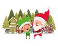 Neighborhood with pine trees and santa claus with elf Royalty Free Stock Photo