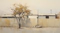 Muted Earthy Tones: Delicate Precision In A Panoramic Painting Of A House And Tree