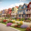 neighborhood with row houses and flower, colorful, town ai, ai generative, illustration