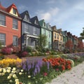 neighborhood with row houses and flower, colorful, town ai, ai generative, illustration