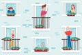 Neighborhood, stay at home concept. Different types of people stand on balconies or look out of windows. The neighbors in their ow Royalty Free Stock Photo
