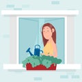 Neighborhood, stay home concept. Woman watering her flowers and look out of window an apartment building. Life in big cities. Soci Royalty Free Stock Photo