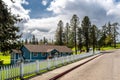 Neighborhood of typical small houses with green lawn in Port Gamble, Washington, USA Royalty Free Stock Photo