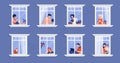 Neighbors in apartment. People in windows drinking tea, watching TV, pet cat and spending time at home. Vector cartoon